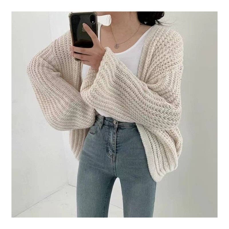 OceanusSwim - Wholesale Cardigan - Women's - V-Neck Loose-Fit Casual Solid Color Lantern Sleeve Knit Cardigan5