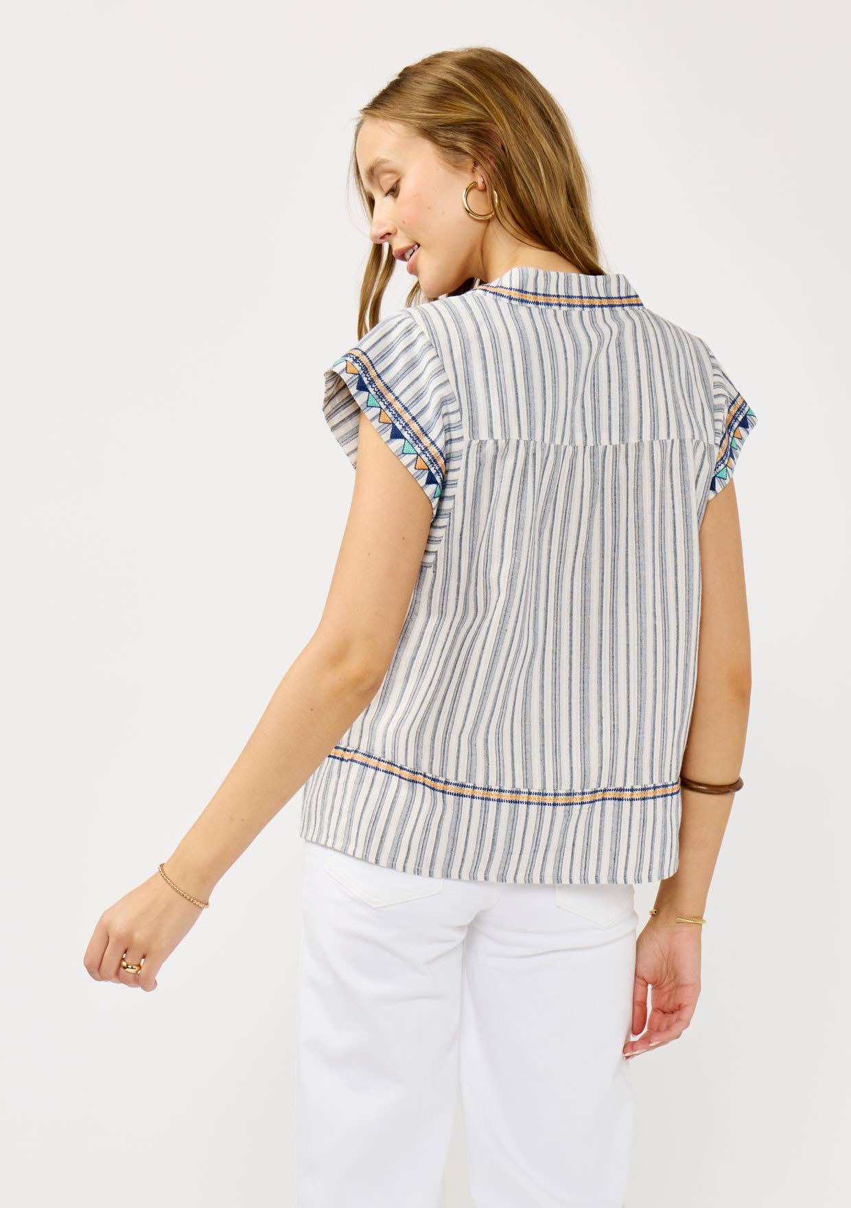 Off White Navy Embroidered Cap Sleeve Stripe Blouse for wholesale on Faire2