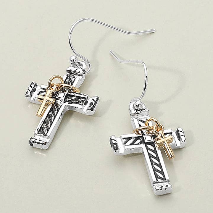 Two Tone Double Cross Charm Dangle Earrings for wholesale by Sensibling Corp.