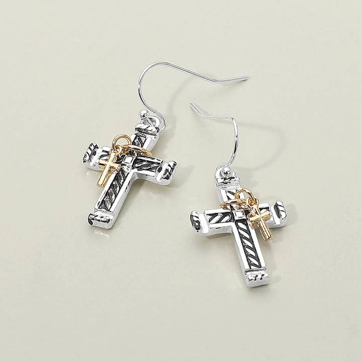 Two Tone Double Cross Charm Dangle Earrings for wholesale by Sensibling Corp.