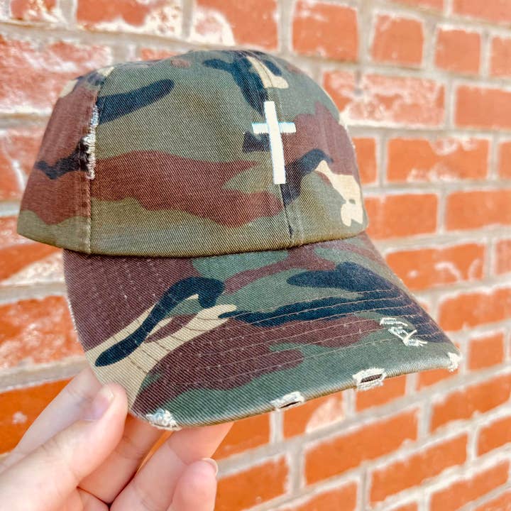 Small Town Society Apparel Co. - Wholesale Baseball Cap - Women's - Distressed Camo White Cross Hat