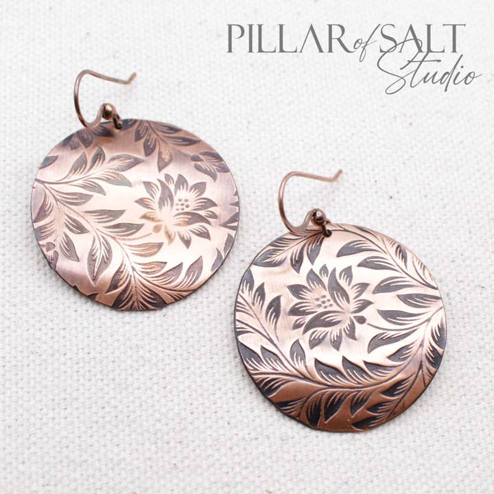 Copper Floral Vine Textured Disc Handmade Earrings for wholesale by Pillar of Salt Studio