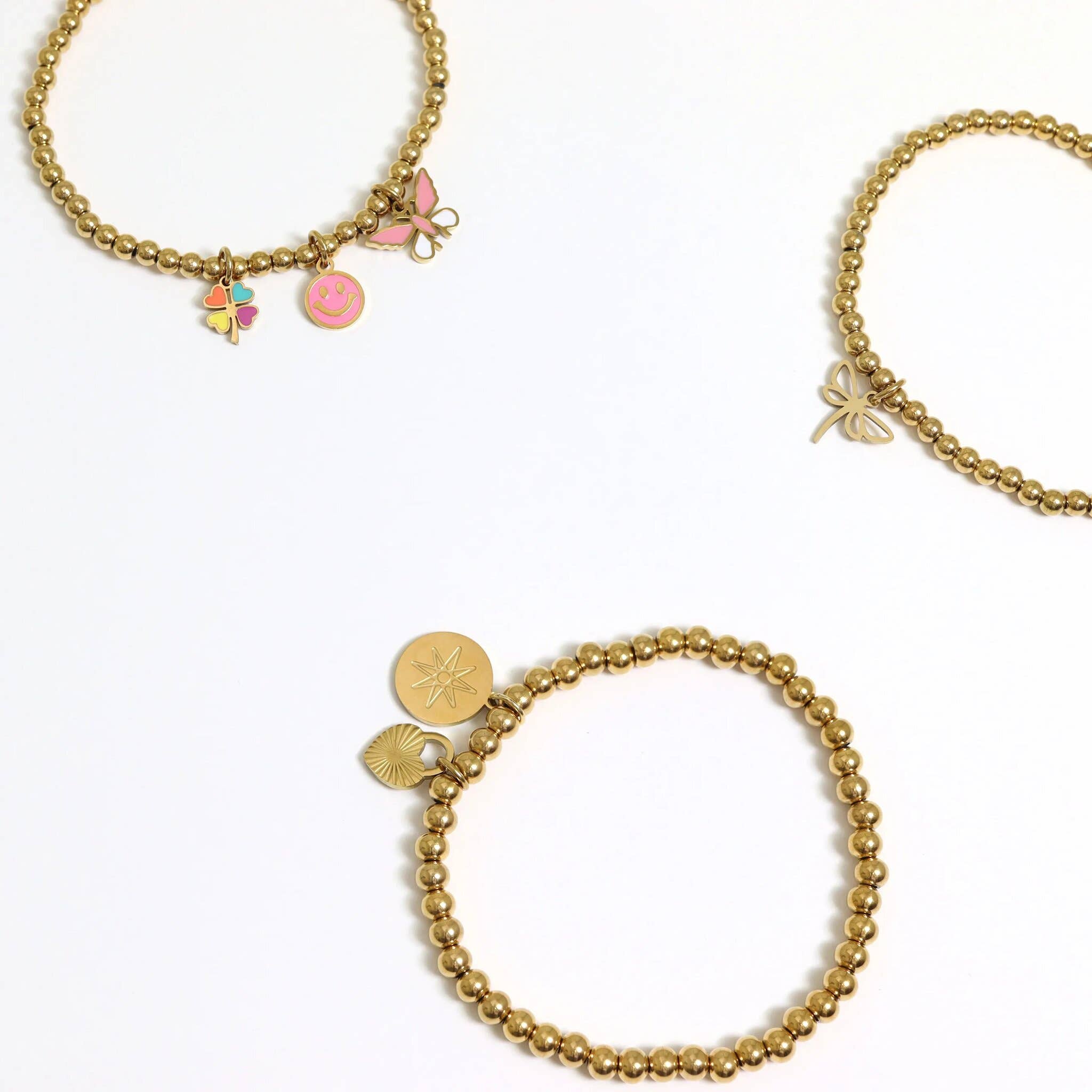 WJW - Venta al por mayor Pulsera de cuentas - Pulsera elástica con cuentas de acero inoxidable PVD Oro 18K6