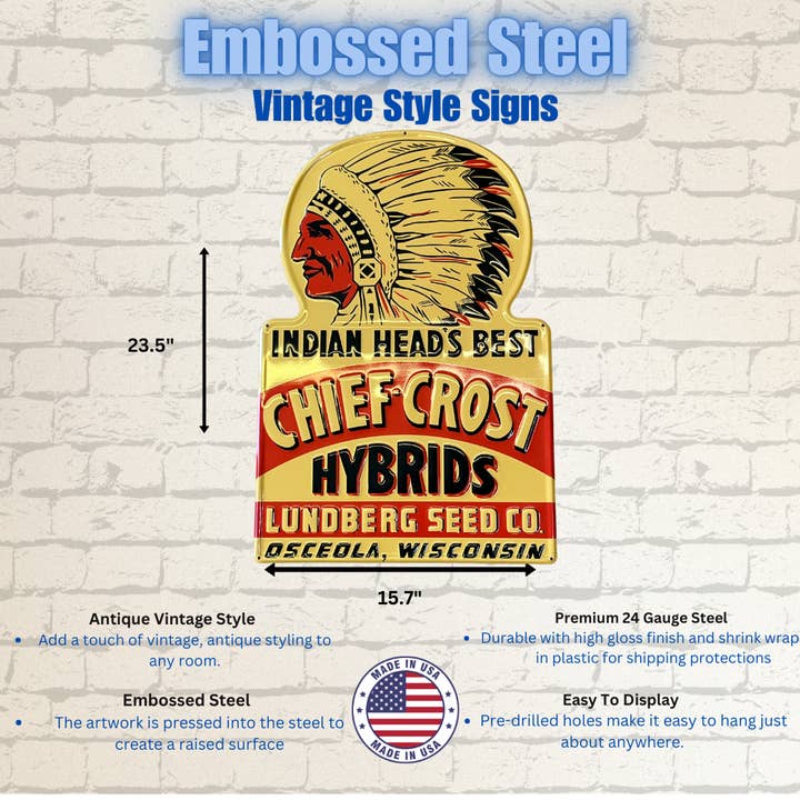 Vintage Style Steel Sign Chief Crost Hybrid Seeds for wholesale by The Vintage Retro Sign Company