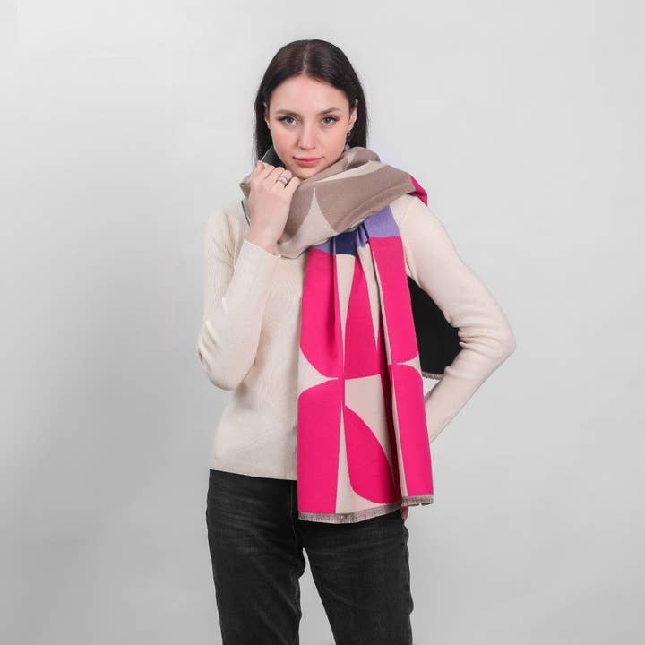 Celtic Ore Crafts – wholesale Scarf – Women's – IRS-035D Cubic Mixed Colour Scarf 190 x70cm Pink/cream