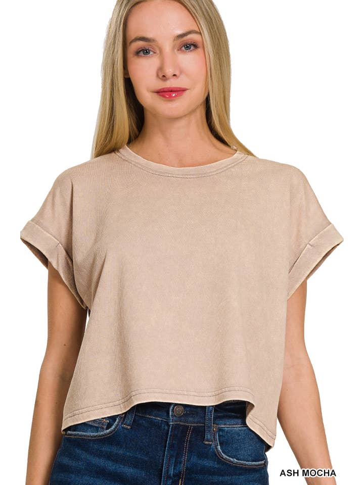 42POPS - Wholesale Knit Top - Women's - ,._ SI-26188 Washed Premium Cotton Folded Sleeve Top