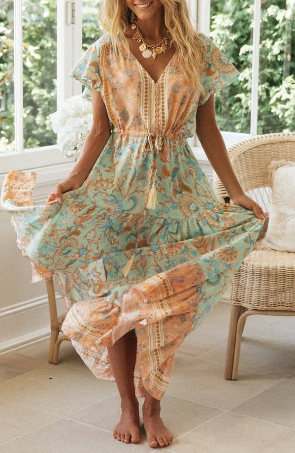 Rosa Clothing - Wholesale Dress - Women's - Bohemia Border Print Flutter Sleeve Maxi Dress6