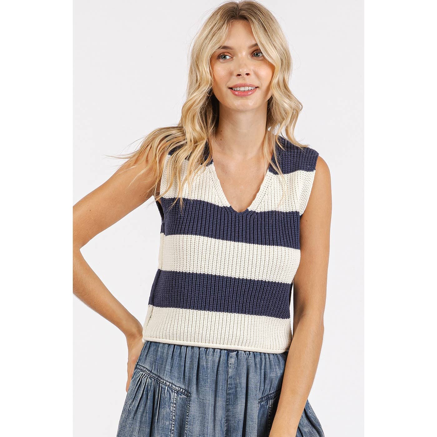 mittoshop - Wholesale Sweater Vest - Women's - STRIPED V-NECK CROPPED SWEATER VEST TOP5