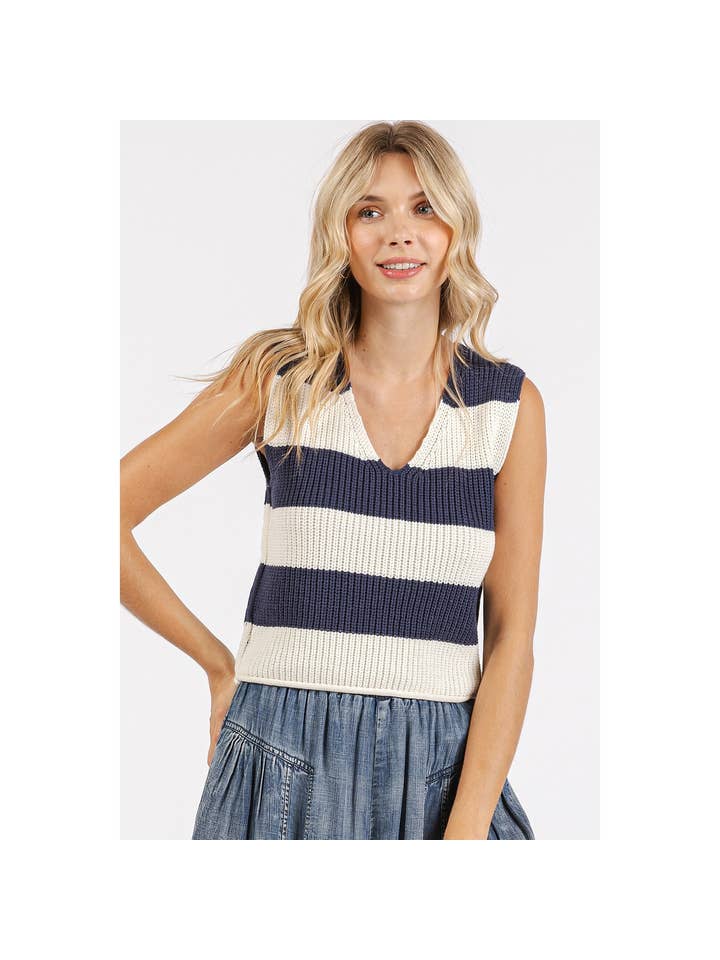 mittoshop - Wholesale Sweater Vest - Women's - STRIPED V-NECK CROPPED SWEATER VEST TOP5