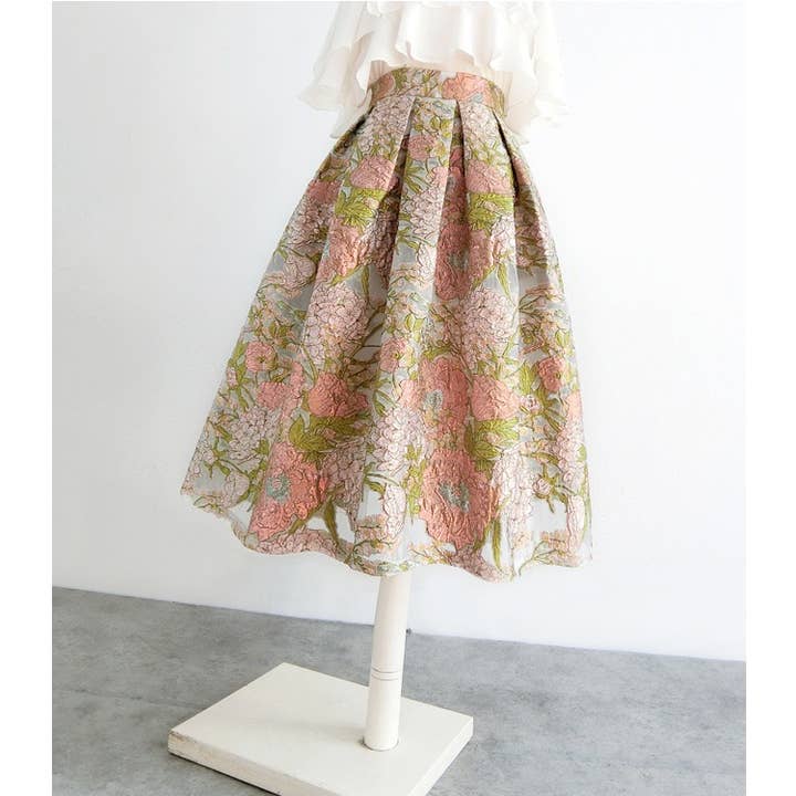 SK048Y Pink Floral Embroidered High Waist Organza Skirt for wholesale on Faire