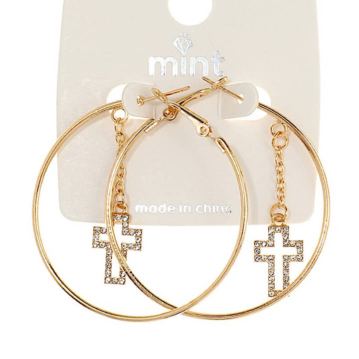 Rhinestone Dangling Cross Hoops for wholesale by Atlas Fashion