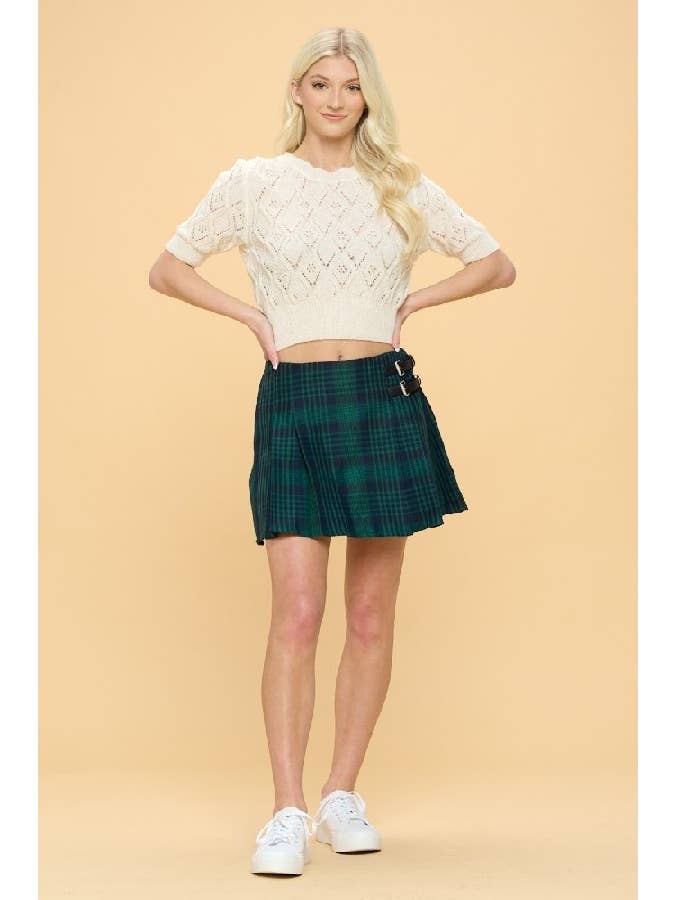Green Double Buckle Pleated Plaid Mini Skirt for wholesale on Faire