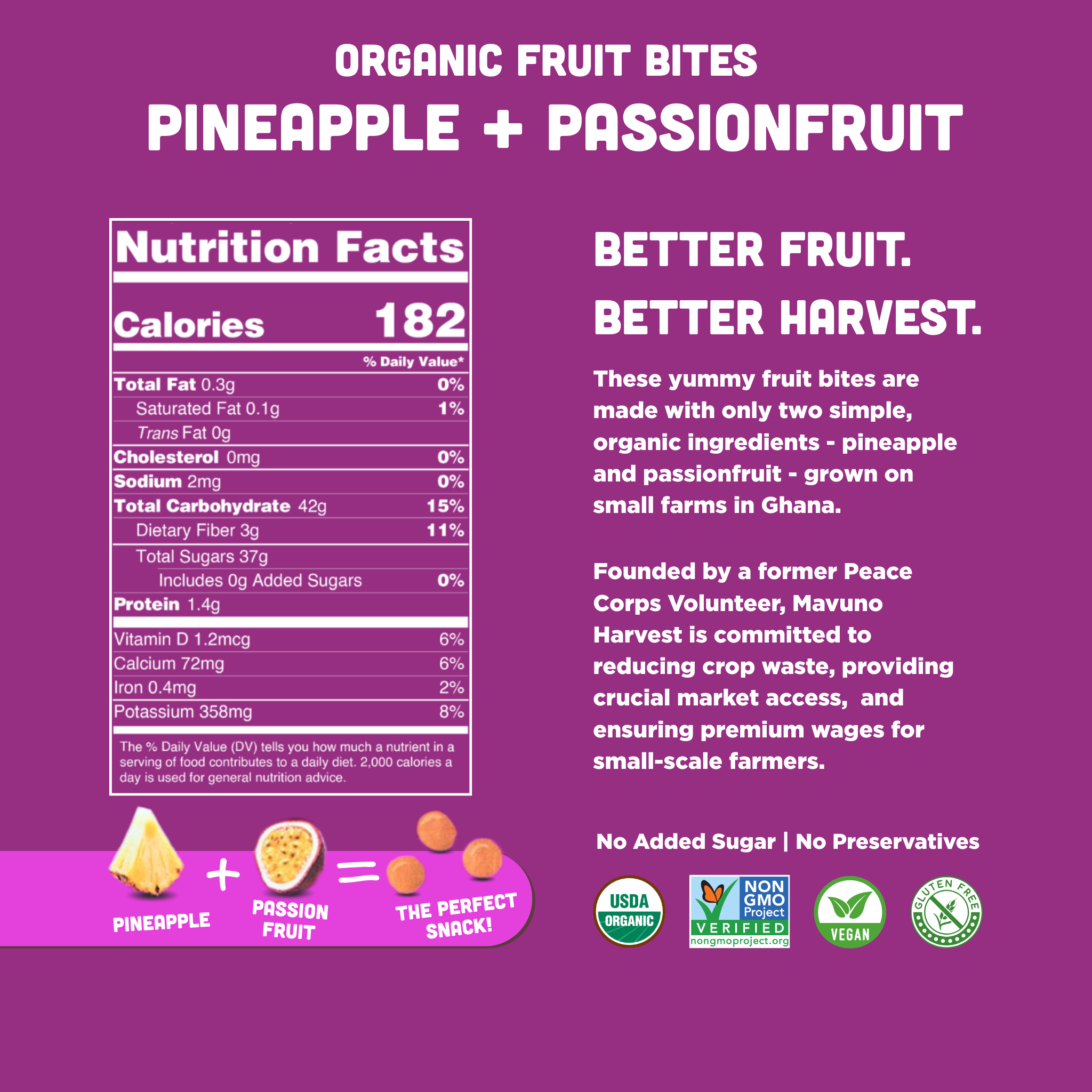 Mavuno Harvest Organics - Wholesale Dried/Dehydrated Fruit - Organic Fruit Bites: Pineapple & Passionfruit, 8-pack case1