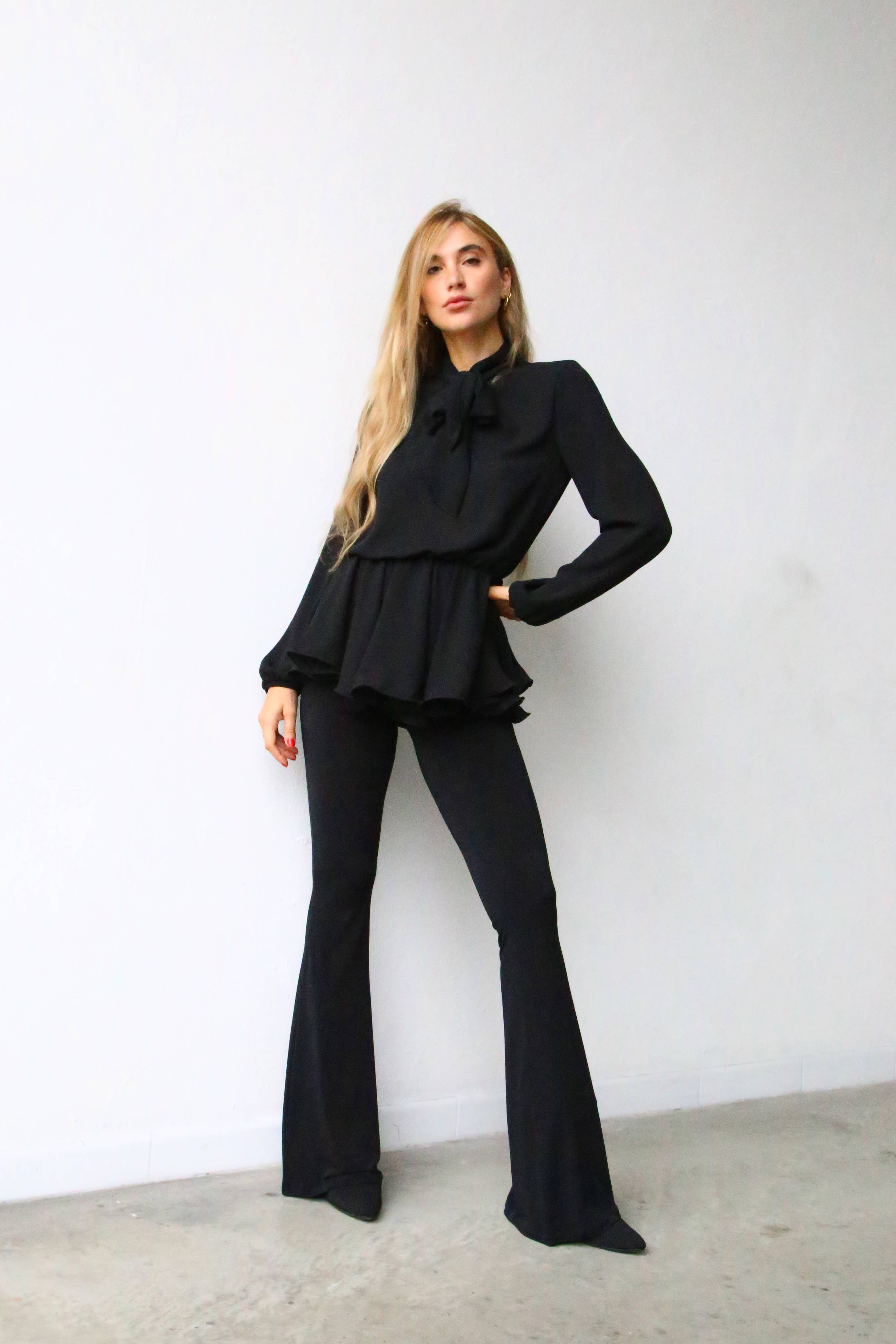 Sable A6038 BLOUSE WITH BOW AT THE NECK WITH BLACK VOILLE RUFFLE for wholesale on Faire