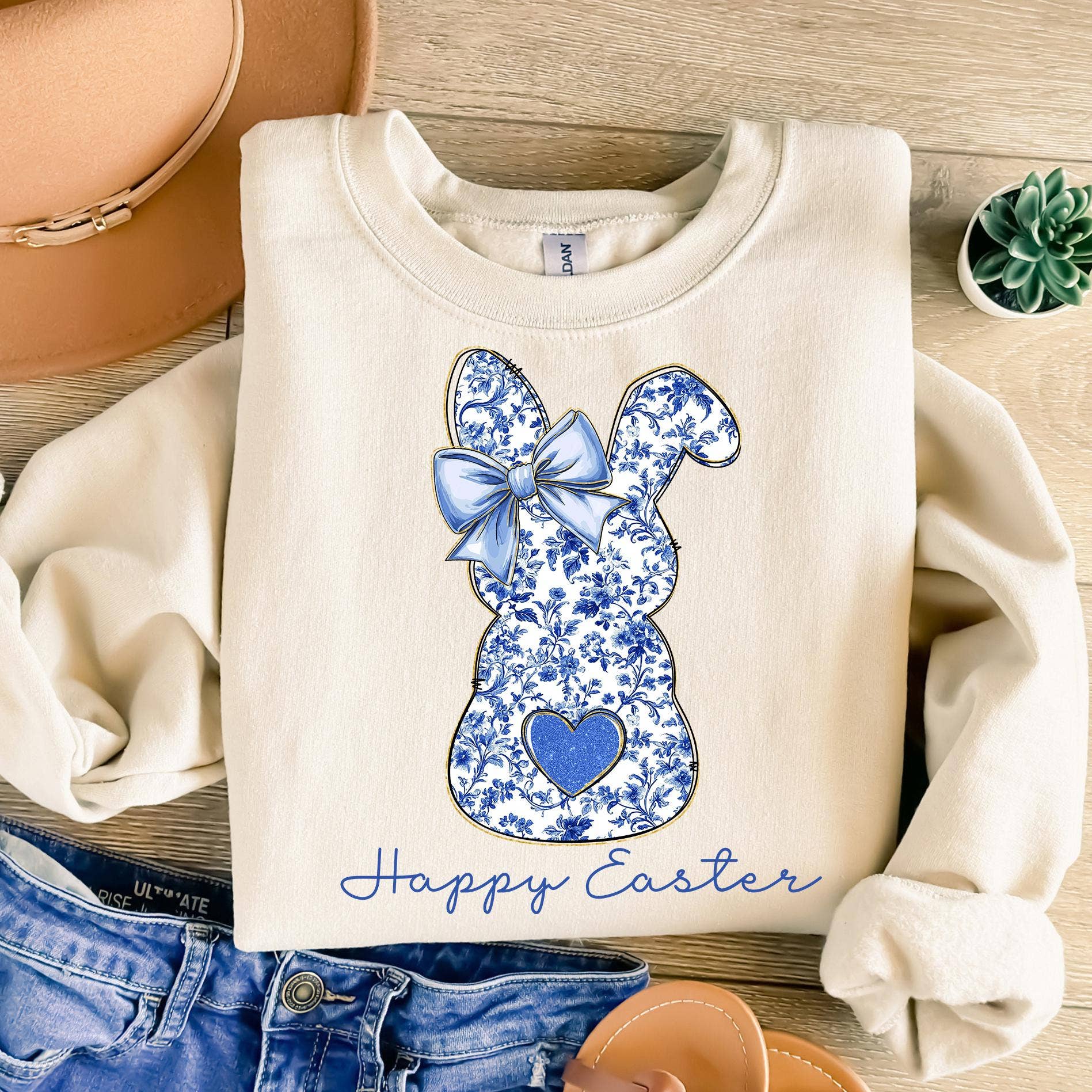 NVC Ecommerce LLC – wholesale T-shirt (graphic) – women's – Happy Easter Sweatshirt, Blue Floral Chinoiserie Bunny Shirt5