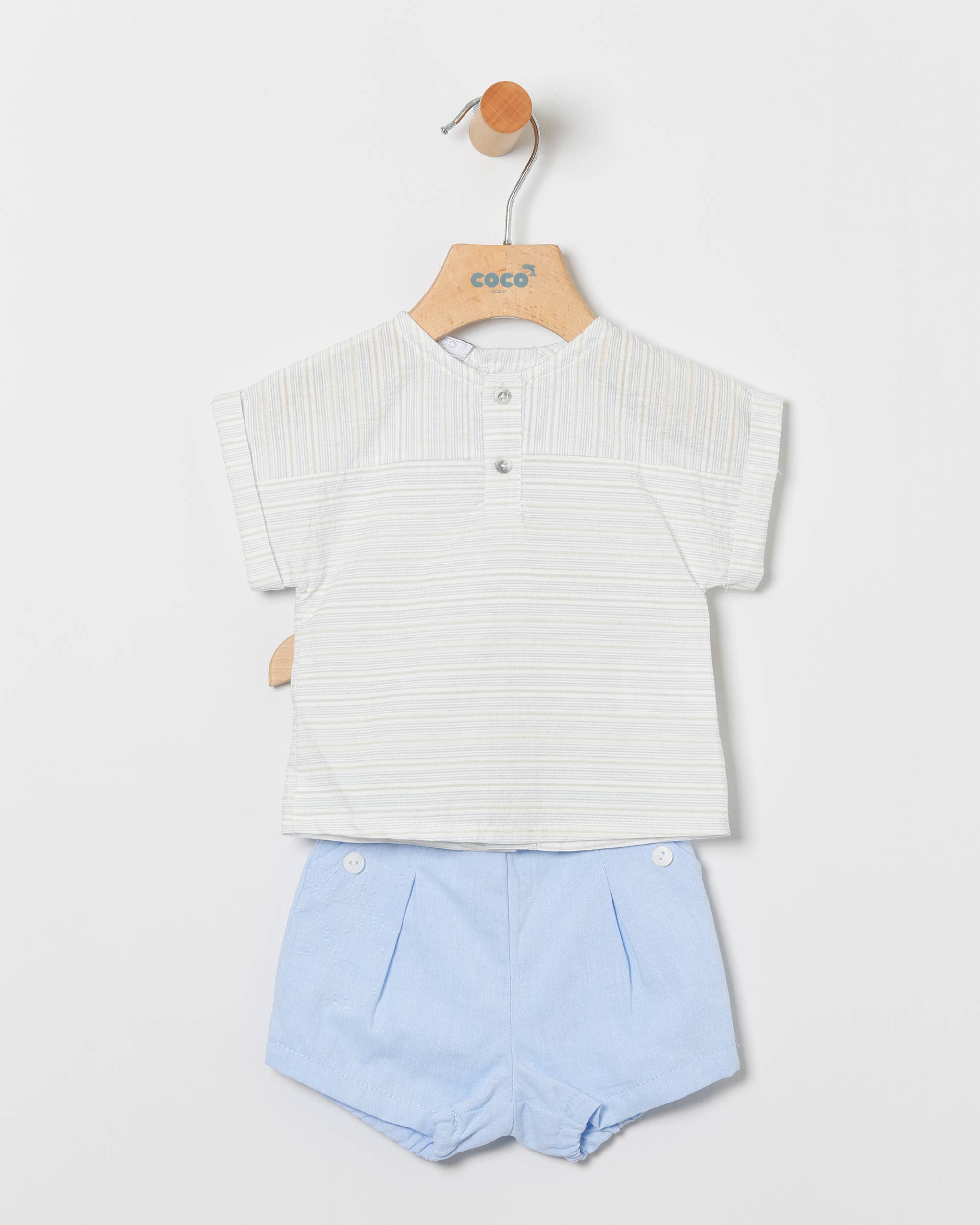 COCO ACQUA - Vendita all'ingrosso Completo top e pantaloncini - Neonati - Completo Bambino con Camicia e Bloomer in Celeste