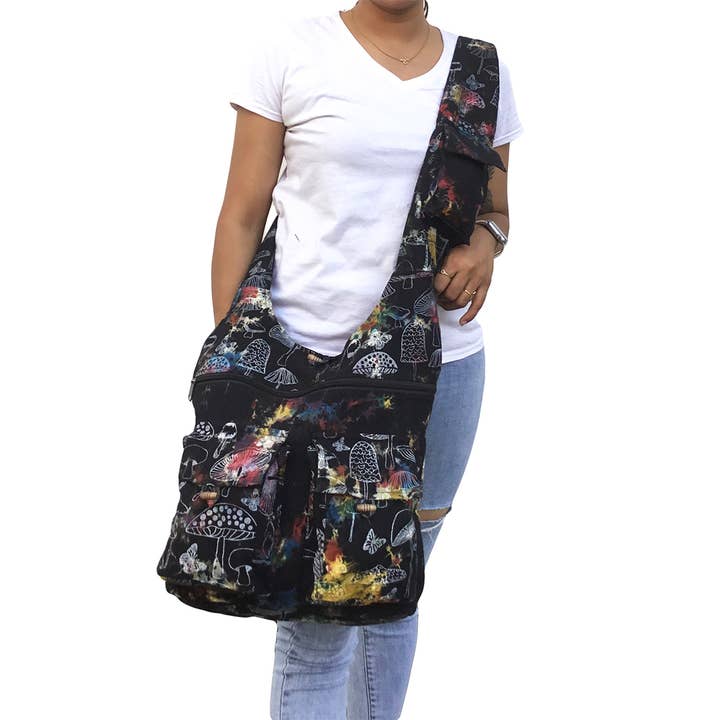 Black Hippie Tie Dye Mushroom Print Hobo Bag for wholesale on Faire