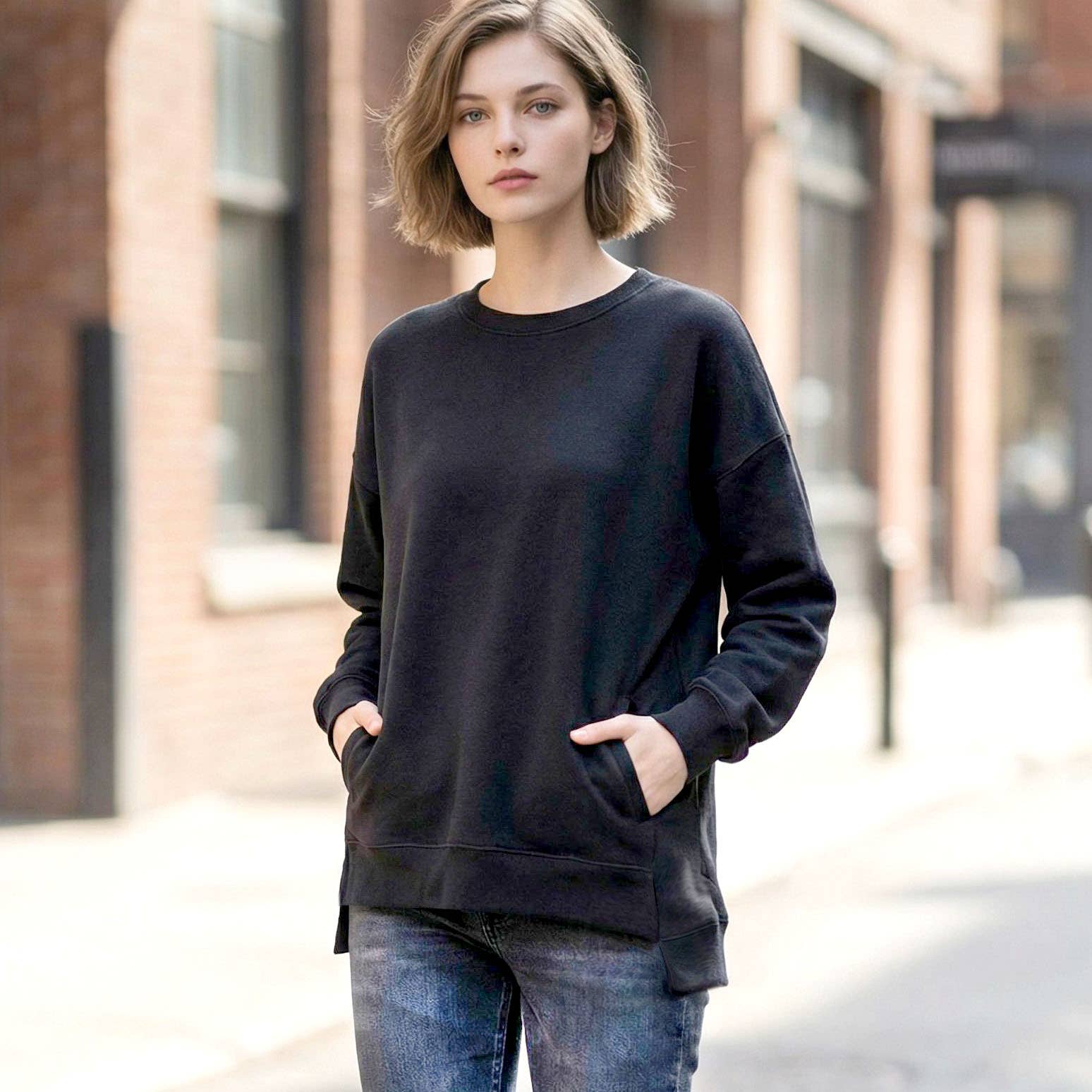 42POPS - Vente Sweat-shirt – femme - Pull à ourlet haut-bas en polaire avec poches9