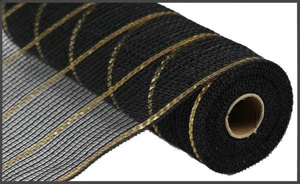 General Wholesale Inc - Wholesale Ribbon - Gift Wrapping - 10.25" x 10yd Poly/Faux Jute/Matte Mesh-Black/Gold-RY8329F80