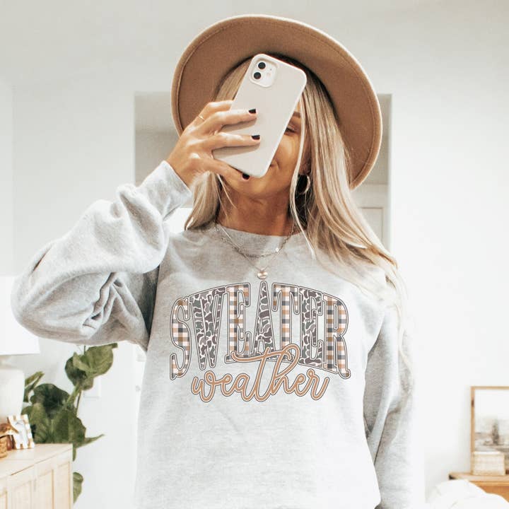 Camo Sweater Weather Fall Crew Neck Sweatshirt for wholesale by Amy Anne Apparel Inc