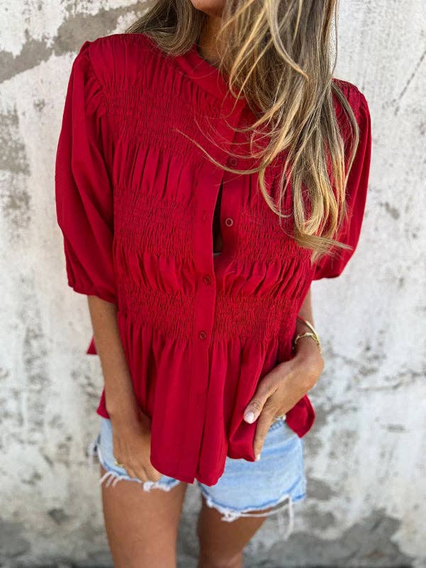 Sheer Trend – Großhandel Bluse – Damen – Lockere Übergröße Elastizität Falten Einfarbige Rundhals Blusen & Hemden Oberteile8