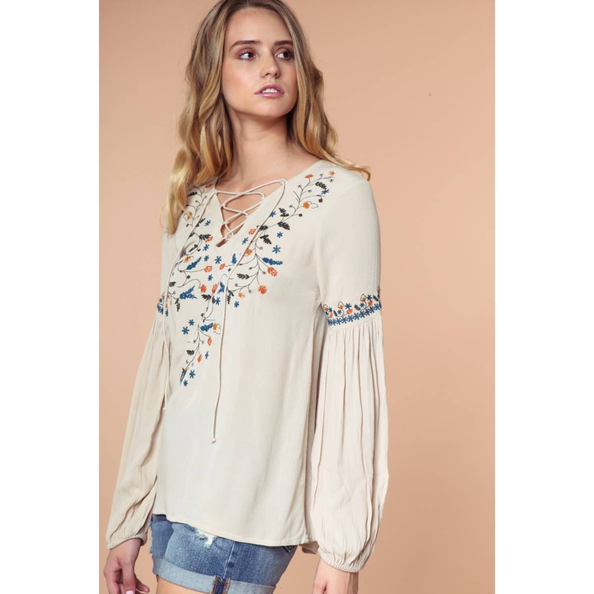 Naked Zebra Rack – wholesale Blouse – Women’s – Embroidered Lace Up Long Sleeve Blouse10