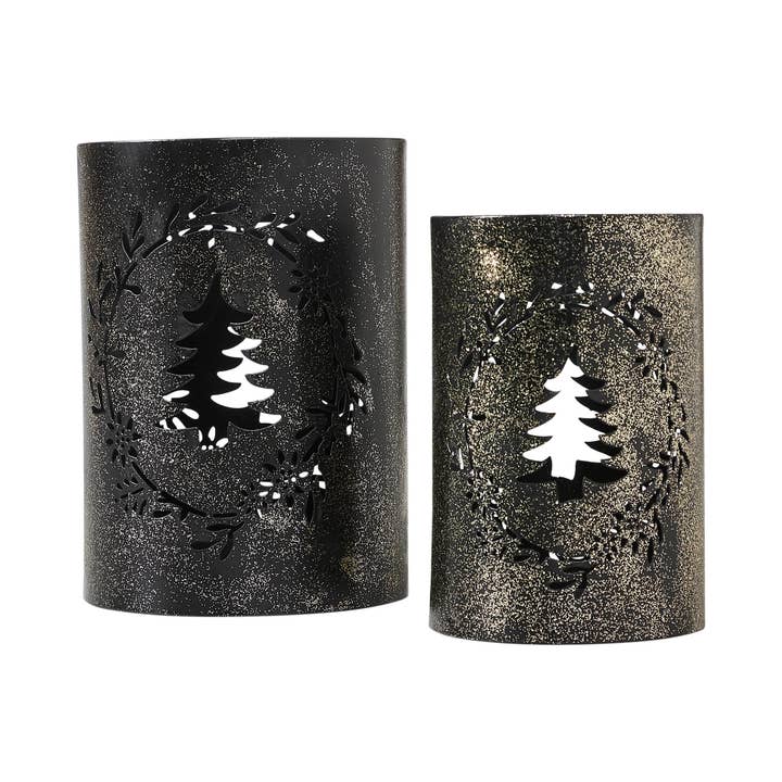 VHC Brands - Wholesale Candle Holder - Gold Dusted Wreath and Tree Metal Candle Holder Set of 2 - 5.9/7 inch