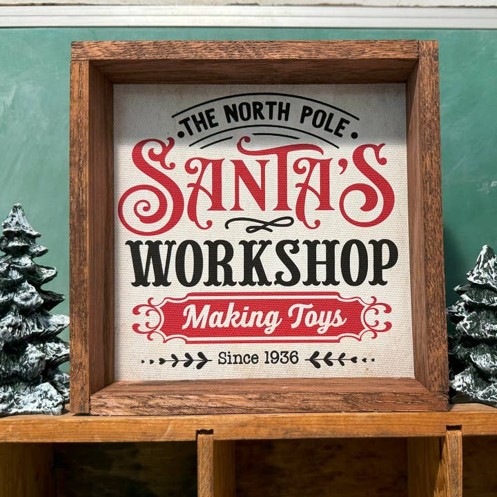 Hangout Home - Wholesale Sign - Santa's Workshop Red & Black - Cute Framed Holiday Word Sign