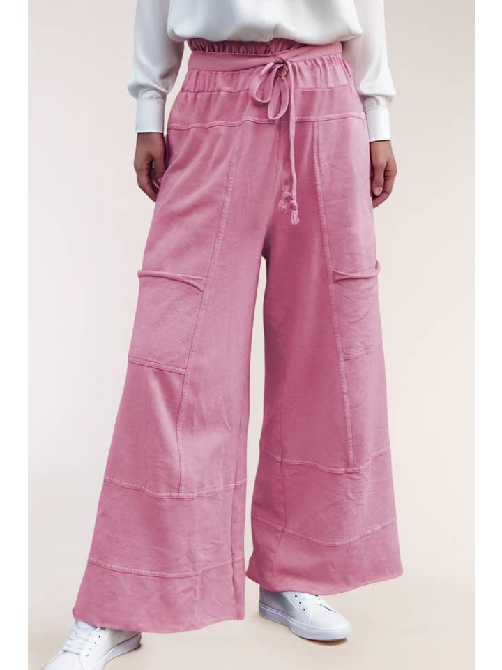LA Society - Wholesale Pants - Women's - Mineral Wash Drawstring High Waist Cargo Wide Leg Pants