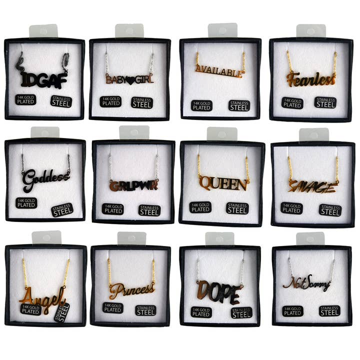 Novelty Closeout - Wholesale Pendant/Charm Necklace - Girl Boss Gold Pendant Necklace Assortment- 12/Pack