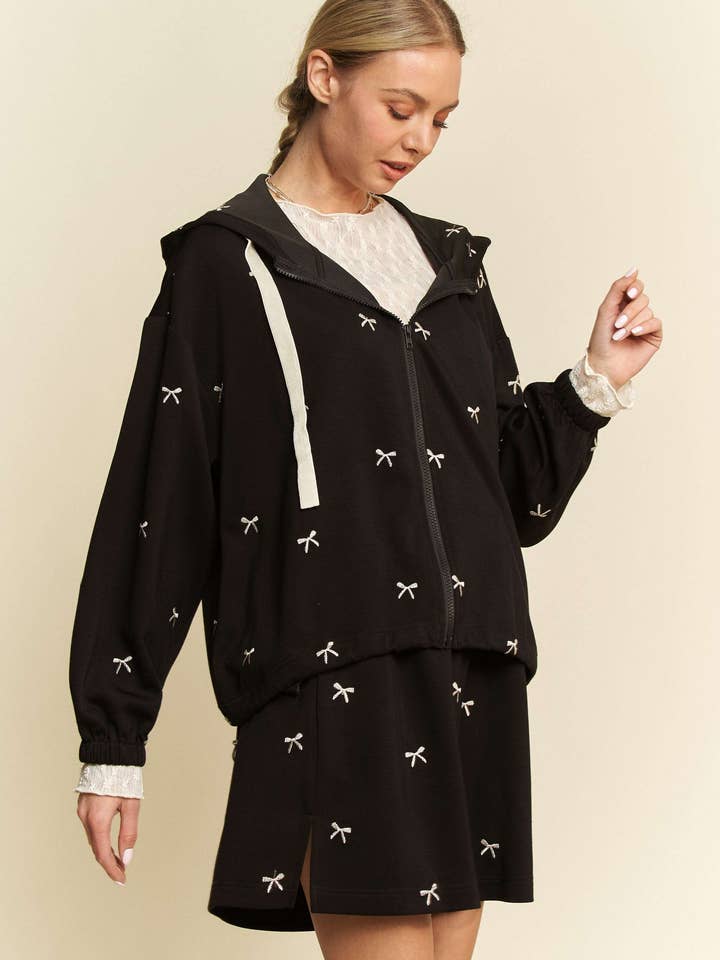 Davi & Dani - Wholesale Hoodie – Women's - RIBBON EMBROIDERY ZIP UP LONG SLEEVE HOODIE JACKET2