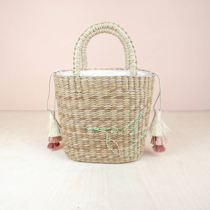 Mini Modern Straw Tote with Embroidered Hummingbird - Woven for wholesale by LIKHÂ