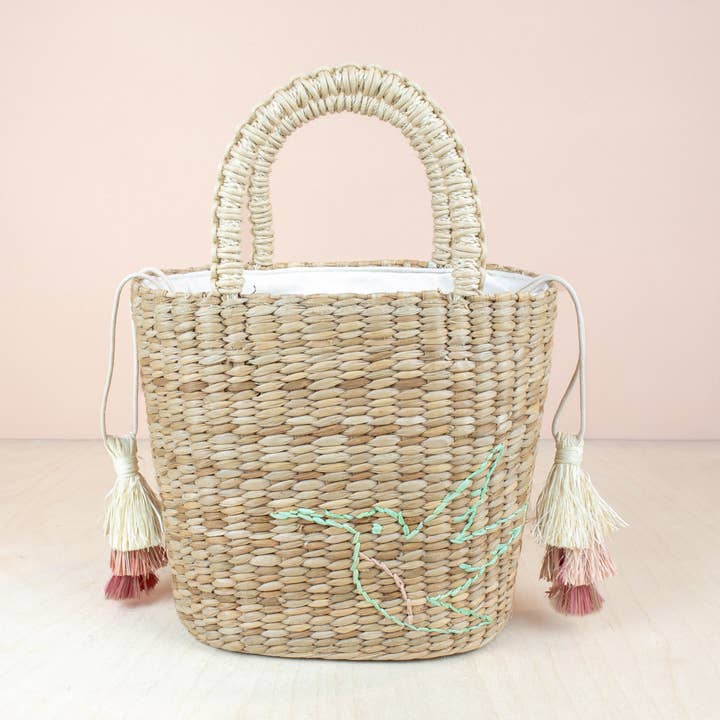 Mini Modern Straw Tote with Embroidered Hummingbird - Woven for wholesale by LIKHÂ