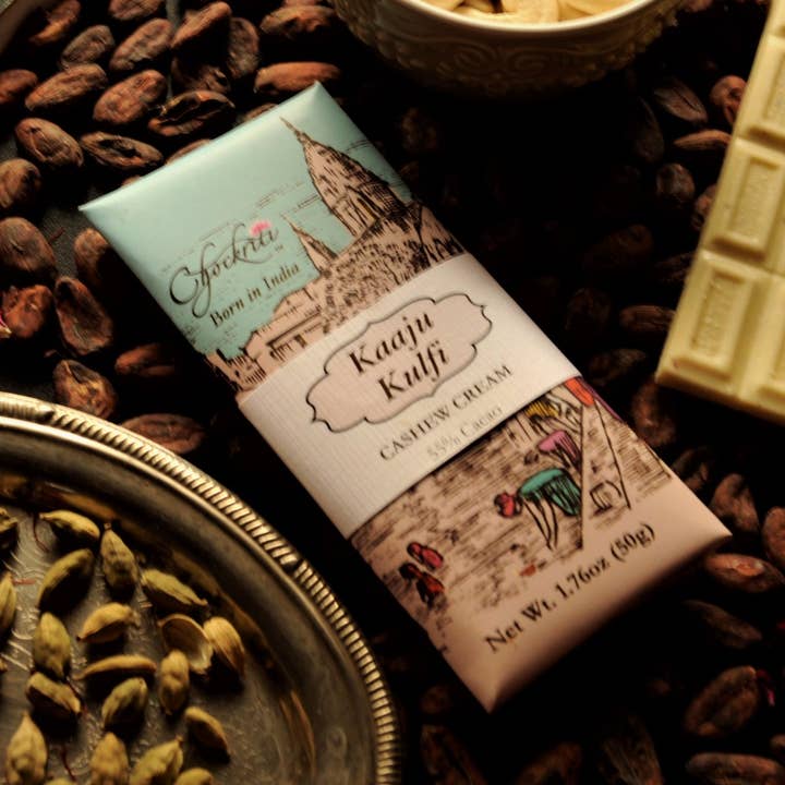 Indian Cashew dessert Belgian White Chocolate Bar for wholesale by Chockriti Chocolates LLP