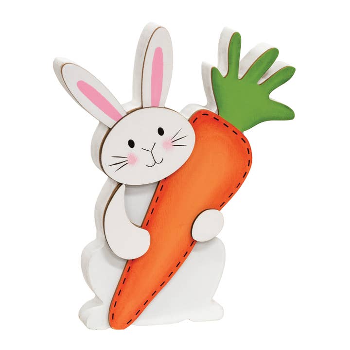 Standing Bunny w/Big Carrot Wooden Sitter for wholesale by The Hearthside Collection