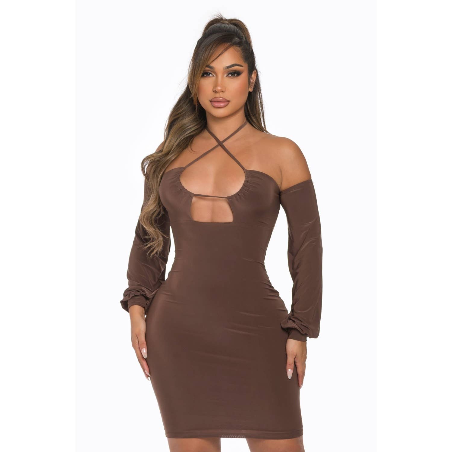 DORCAS – Engroshandel Kjole - Dame – Halter Cross Cut Out Mini Kjole0