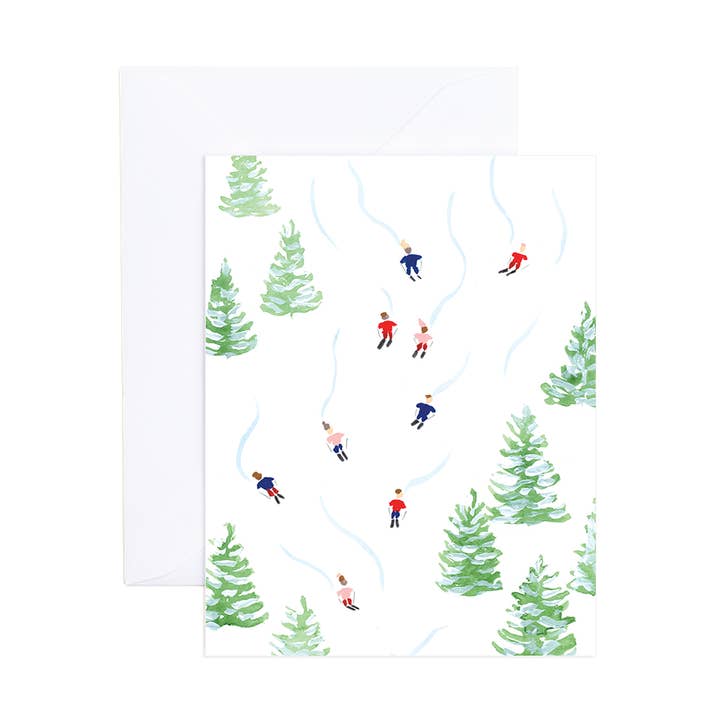 Carte de vœux aquarelle d'hiver avec skieurs Elle pour la vente par Evergreen Summer