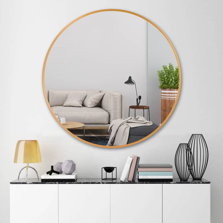 30*30in Gold Round Mirror for wholesale by Arcus Home Decor Inc