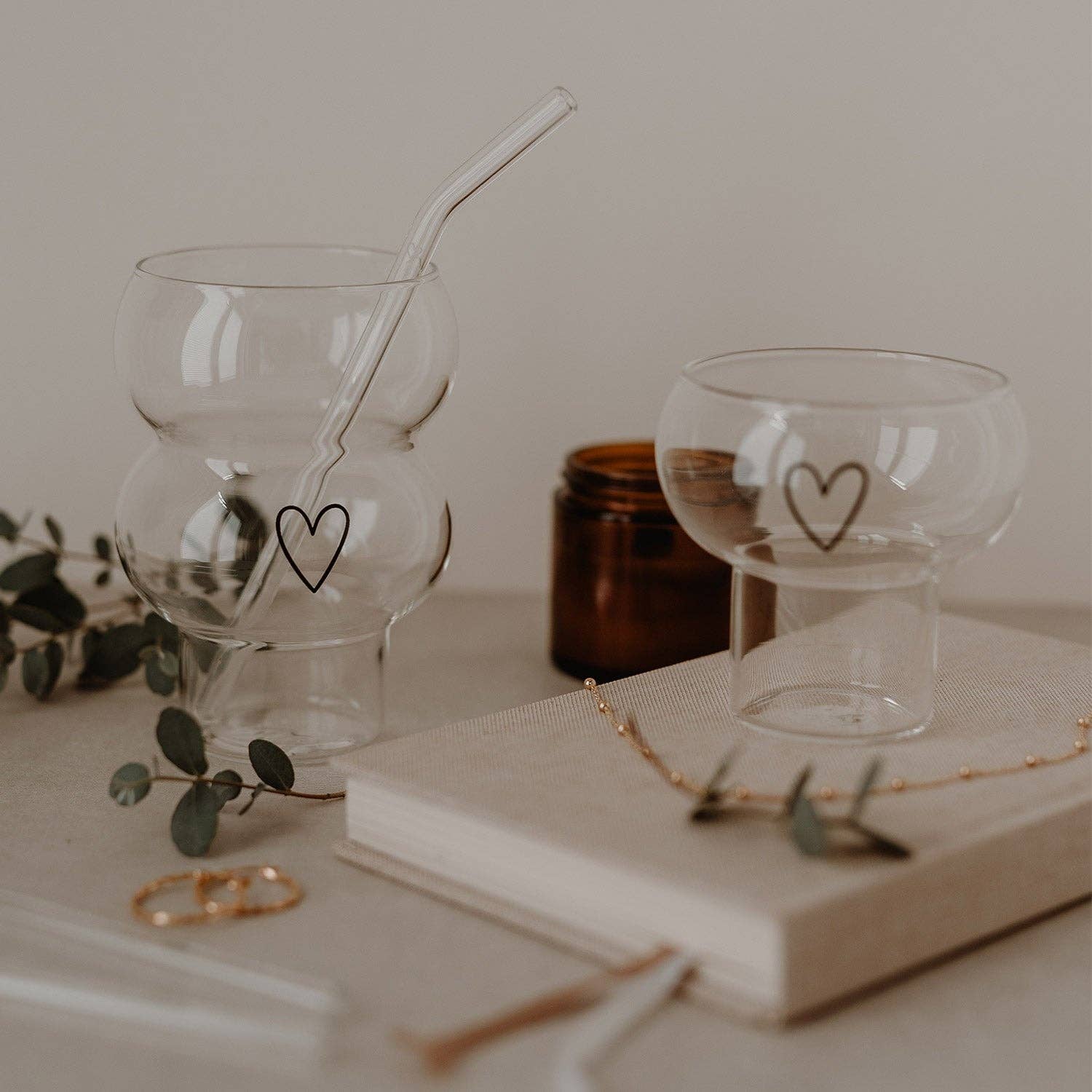 Eulenschnitt - Wholesale Drinking Glass/Cup - Double bubble glass heart (VE = 6 pcs)10