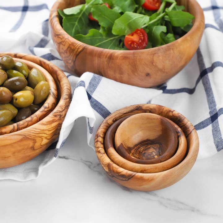 Krafts GmbH Olive Wood - Wholesale Serve Bowl - Handmade Olive Wood Bowl Set (6-Piece) – Rounded Rim 16 cm Ø2