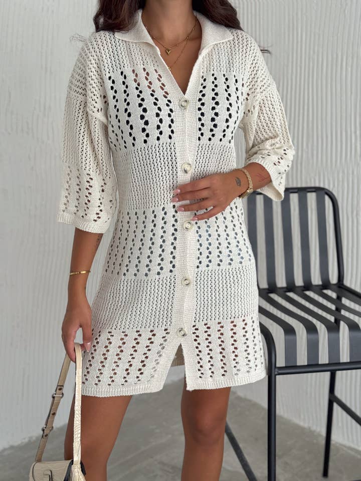 Women's Hallow Knit Polo Neck Midi Cotton Cardigan Cover-Up for wholesale by VAV NEW YORK