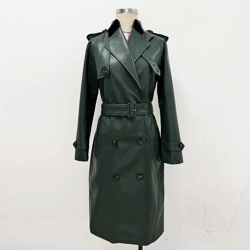 Productseeker - Wholesale Trench Coat - Women's - CT139Y Belted PU Trench Coat with Double-Breasted Front11
