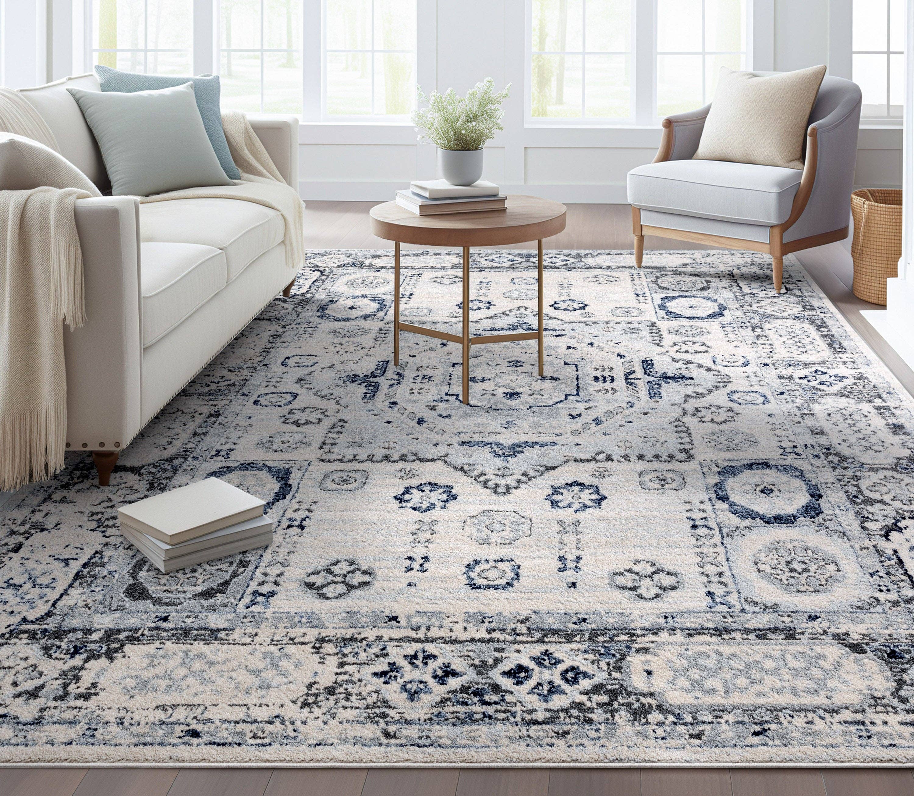 Well Woven - Wholesale Area Rug - Leon Medallion Ivory Blue Beige Rug For Living Room, Bedroom, and Dining Room5
