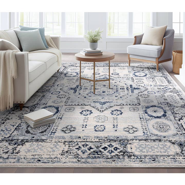 Well Woven - Wholesale Area Rug - Leon Medallion Ivory Blue Beige Rug For Living Room, Bedroom, and Dining Room5