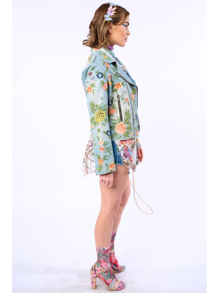 Lucinda Embroidered Denim Motorcycle Jacket for wholesale on Faire25
