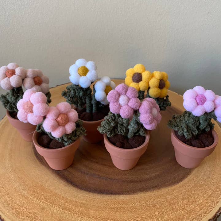 Pompom, feutre et macramé fleur en fibre éternelle - Mini double pour la vente par ForgetBKnot