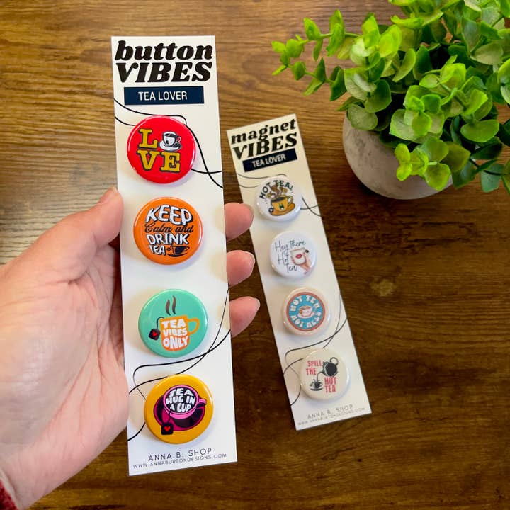 Tea Lover Pin Badges and Magnet Set for wholesale by Anna B. Shop