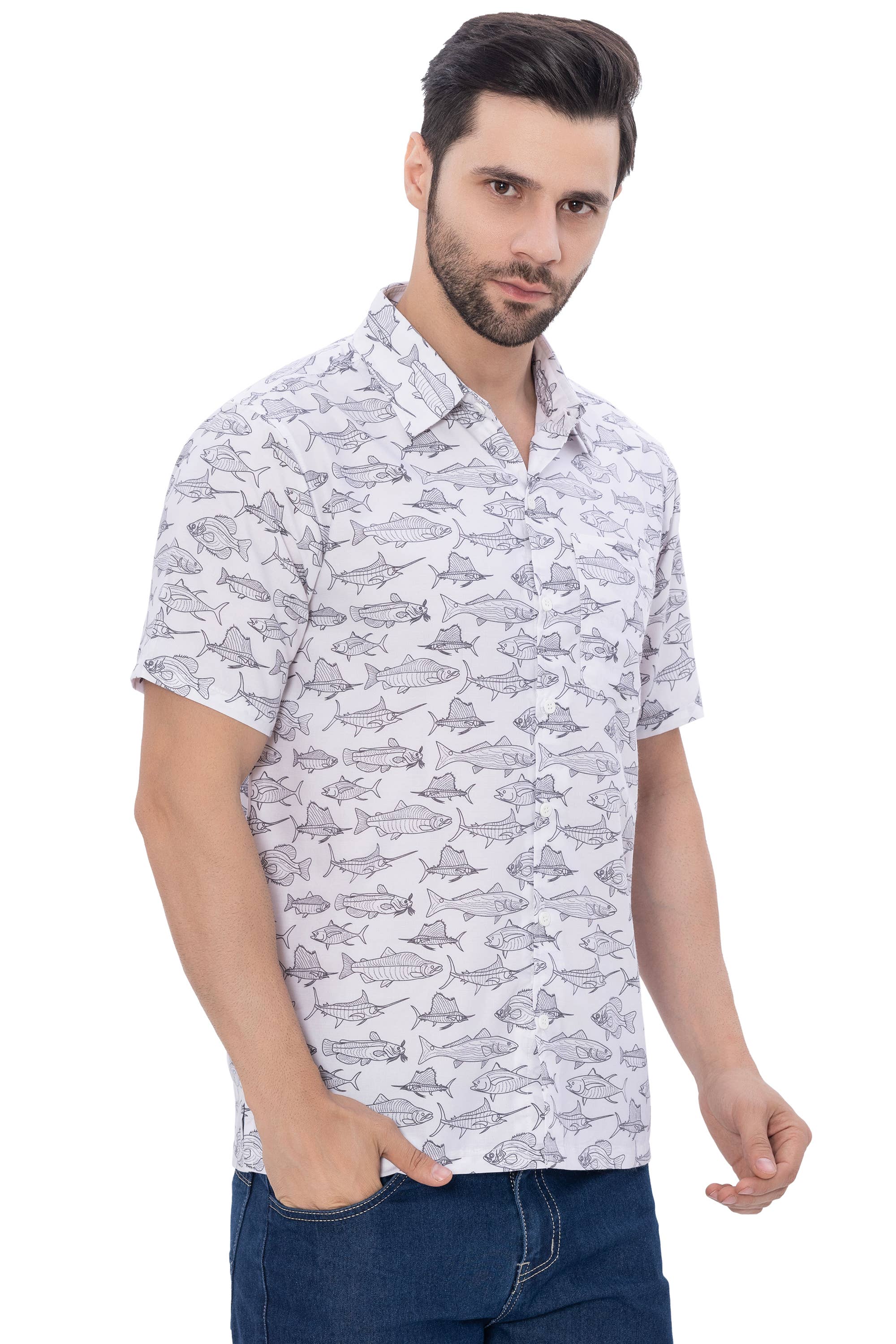 White Black HAPPY BAY Men's Rayon Hawaiian Shirts Grey Dolphin P00348 for wholesale on Faire3