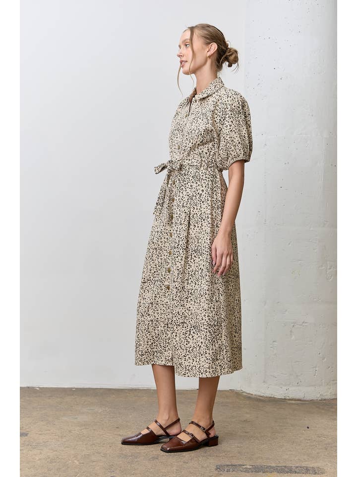 NATURAL BLACK LEOPARD PRINT MIDI DRESS for wholesale on Faire1