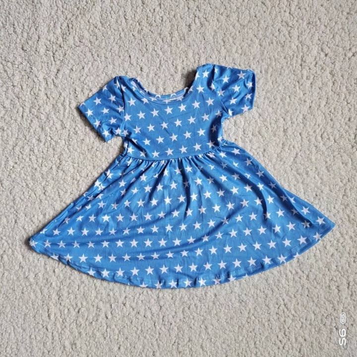 Baby girls blue star short sleeve dresses for wholesale by Aier Wholesale